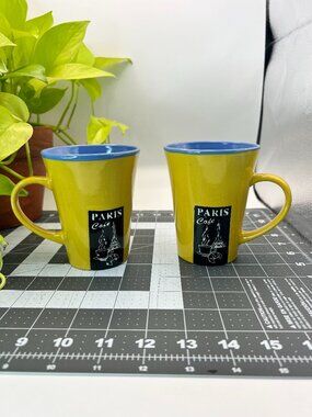 Paris Cafe Coffee Mug Set Yellow Blue Eiffel Tower Cups French Bistro Style Kitc